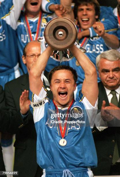 13th MAY 1998, UEFA European Cup Winners Cup Final, Stockholm, Sweden, Chelsea 1 v Stuttgart 0, Chelsea captain Dennis Wise holds aloft the European...