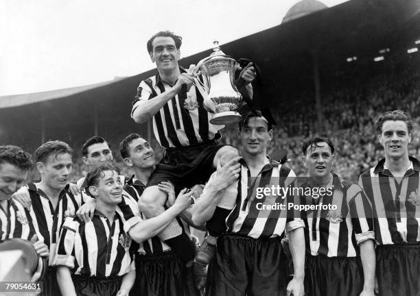 Picture 2, Football, 1951 FA Cup Final, Wembley Stadium, 28th April Newcastle United 2 v Blackpool 0, Newcastle United captain Joe Harvey is lifted...