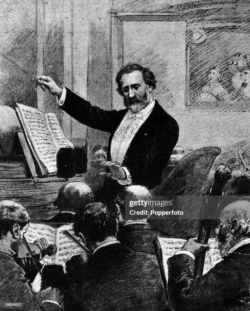 Giuseppe Verdi, Italian Composer, pictured conducting his orchestra at a performance of Aida at the Paris Opera in 1880.