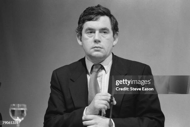 Labour Shadow Chancellor Gordon Brown at the launch of the party's draft manifesto, entitled 'New Labour, New Life for Britain', 4th July 1996.