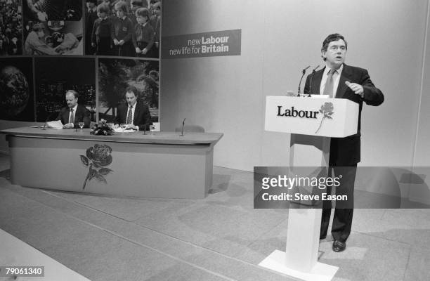 Labour Shadow Chancellor Gordon Brown gives a speech at the launch of the party's draft manifesto, entitled 'New Labour, New Life for Britain', 4th...