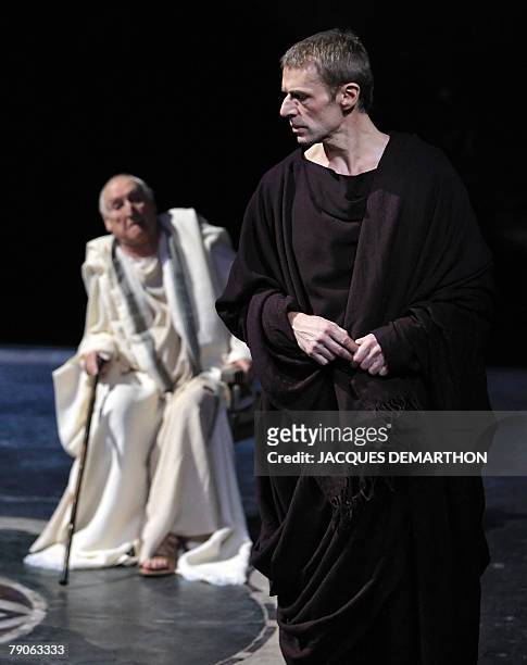 French actors Georges Wilson, as paulin, and his son Lambert Wilson, as Titus, perform in a scene of "Berenice" of Jean Racine, 16 January 2008...