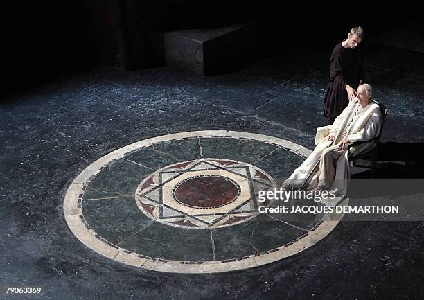 French actors Georges Wilson, as paulin and his son Lambert Wilson , as Titus, perform in a scene of "Berenice" of Jean Racine, 16 January 2008...