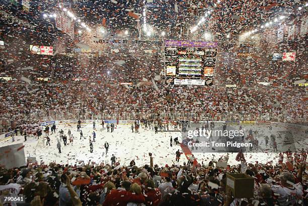 General view as the Detroit Red Wings celebrate winning the Stanley Cup after defeating the Carolina Hurricanes in game five of the NHL Stanley Cup...