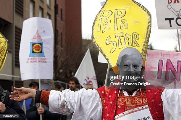 Students from the University of Rome La Sapienza take part in an anti-clerical procession, January 17, 2008 in Rome Italy. Students at the...