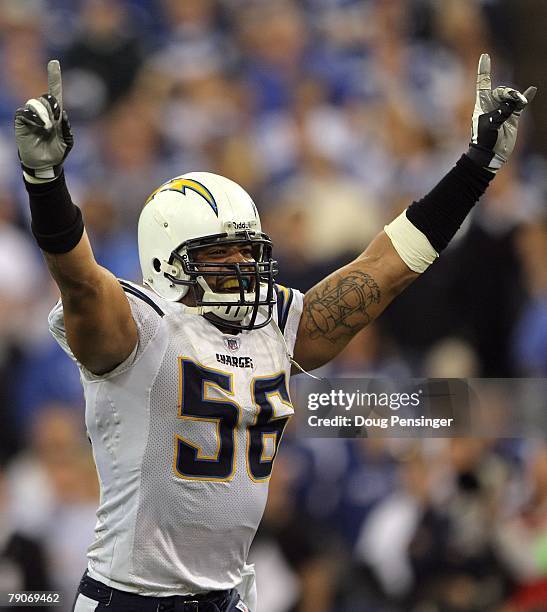 Shawne Merriman of the San Diego Chargers celebrates after their 28-24 win against the Indianapolis Colts during their AFC Divisional Playoff game at...