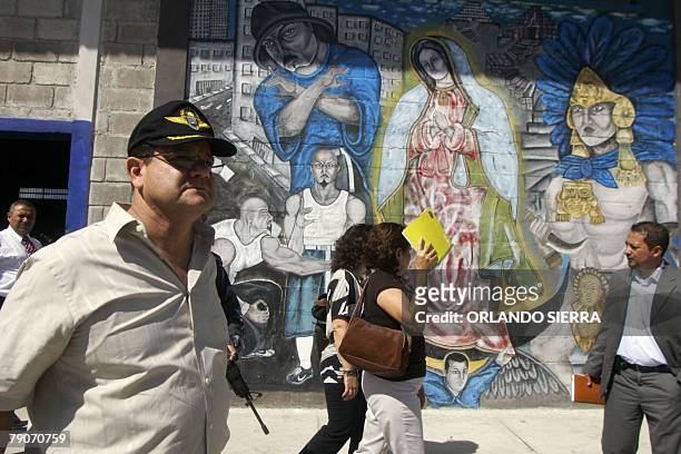 Minister of Security, Jorge Rodas Gamera , walks around "Las Maquilas" cell block in the Marco Aurelio Soto Central Penitentiary in Tamara, 25 kms...
