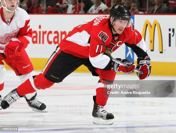 Daniel Alfredsson of the Ottawa Senators skates against the Detroit Red Wings at Scotiabank Place on January 12, 2008 in Ottawa, Ontario.