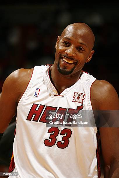 Alonzo Mourning of the Miami Heat smiles during a break in action during the game against the Minnesota Timberwolves on December 17, 2007 at American...