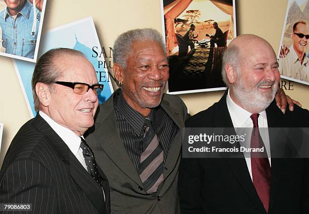 Jack Nicholson, Morgan Freeman and director Rob Reiner arrive at the premiere of ''The Bucket List'' directed by Rob Reiner on January 17, 2008 in...