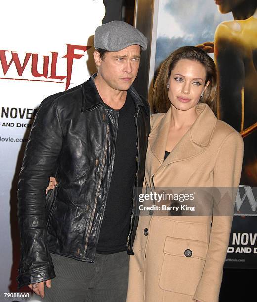 Actor Brad Pitt and actress Angelina Jolie arrive at the "Beowulf" Premiere at the Mann Village Theatre on November 5, 2007 in Westwood, California