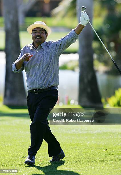George Lopez celebrates a shot during the second round of the 49th Bob Hope Chrysler Classic on January 17, 2008 at the La Quinta Country Club in La...