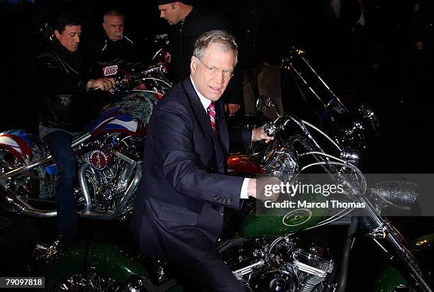 Actor Sylvester Stallone,Paul Teutul of Orange County Choppers and Talk show host David Letterman visits the "Late Show With David Letterman" on...