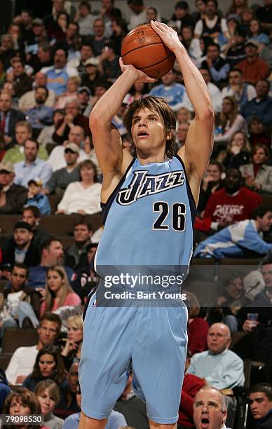 Kyle Korver of the Utah Jazz takes a shot against the Denver Nuggets on January 17, 2008 at the Pepsi Center in Denver, Colorado. NOTE TO USER: User...