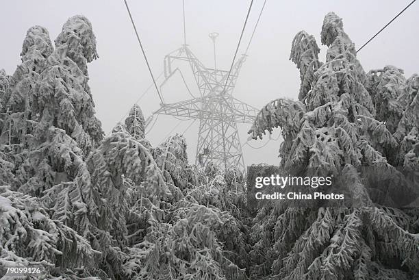 Two electrical linemen clean snow from a high-voltage transmission tower amidst fog at the Baima Mountain on January 17, 2008 in Wulong County of...