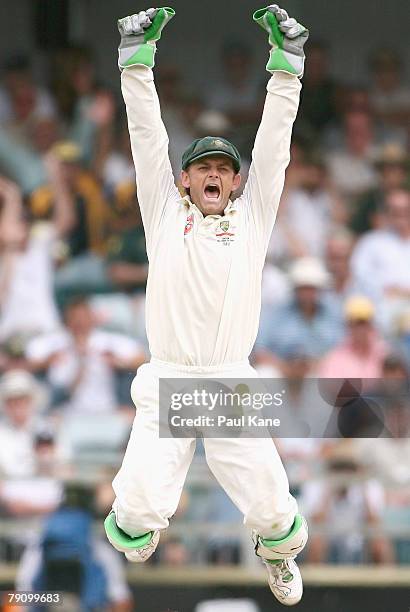 Adam Gilchrist of Australia celebrates the wicket of Anil Kumble during day three of the Third Test match between Australia and India at the WACA on...