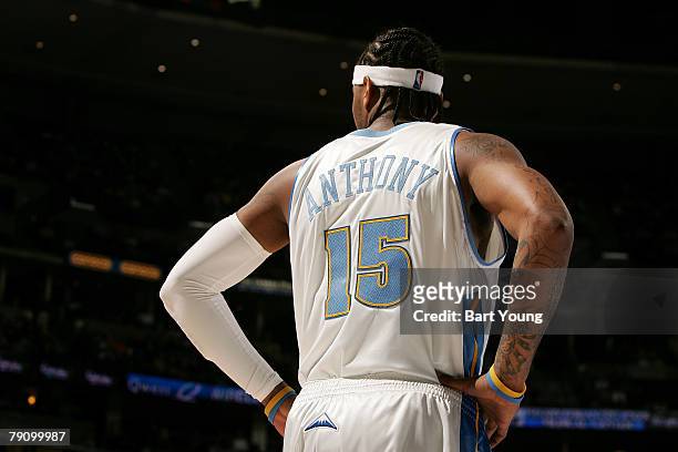 Carmelo Anthony of the Denver Nuggets looks on against the Utah Jazz on January 17, 2008 at the Pepsi Center in Denver, Colorado. NOTE TO USER: User...
