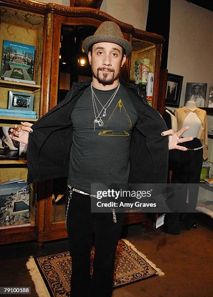 Musician A.J. McLean tries on Hysteric Glamour clothes at the Hysteric Glamour Party at the Tracey Ross Boutique on January 17, 2008 in West...