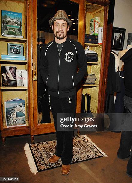 Musician A.J. McLean tries on Hysteric Glamour clothes at the Hysteric Glamour Party at the Tracey Ross Boutique on January 17, 2008 in West...