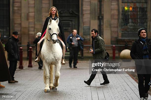 Stunt rider Emily Cox rides her horse Legend through St Ann's Square recreating the historical ride of Lady Godiva on January 18, 2008 in Manchester,...