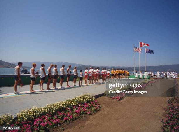 Pat Turner, Kevin Neufeld, Mark Evans, Grant Main, Paul Steele, Michael Evans, Dean Crawford, Blair Horn and Brian McMahon of Canada look to the...