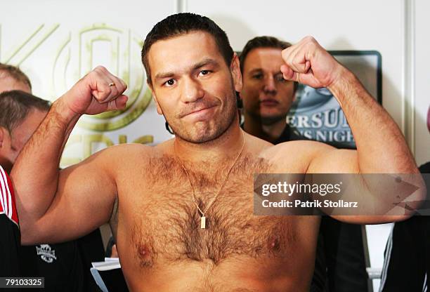 Ruslan Chagaev of Uzbekistan poses during the official weight-in on January 18, 2008 in Duesseldorf, Germany.The WBA Commonwealth unification...