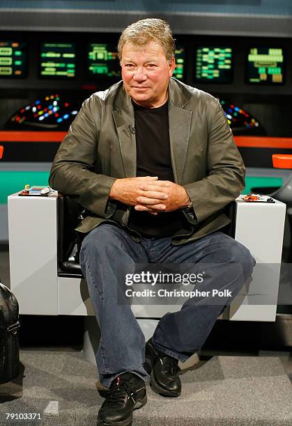 Actor William Shatner sits in the Enterprise captain's chair at the Star Trek "The Tour" - North American Debut held at the Queen Mary Dome on...