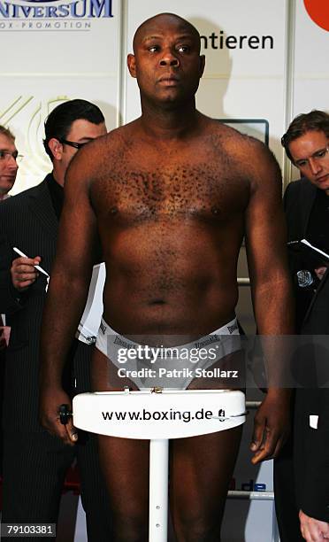 Matt Skelton of Great Britain looks on during the official weigh in on January 18, 2008 in Duesseldorf, Germany.The WBA Commonwealth unification...