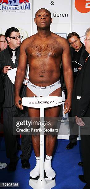 Matt Skelton of Great Britain looks on during the official weight-in on January 18, 2008 in Duesseldorf, Germany.The WBA Commonwealth unification...