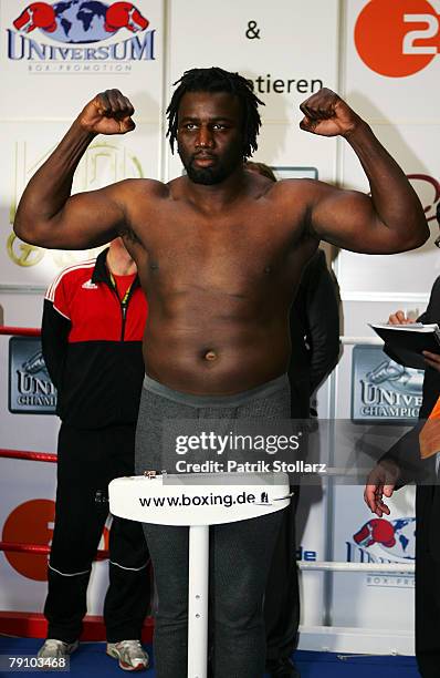 Cisse Salif of Mali poses during the official weigh in on January 18, 2008 in Duesseldorf, Germany.The WBA Intercontinental heavyweight championship...