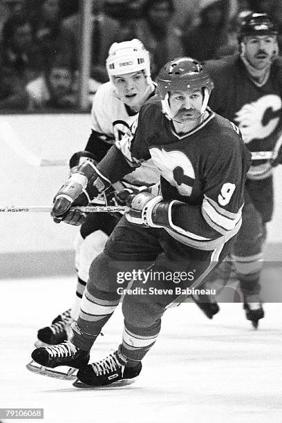 Lanny McDonald of the Calgary Flames skates against the Boston Bruins at Boston Garden.