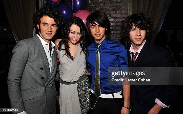 Kevin Jonas, Miley Cyrus, Joe Jonas and Nick Jonas at the Disney premiere of Hannah Montana and Miley Cyrus after party on January 17, 2008 in...
