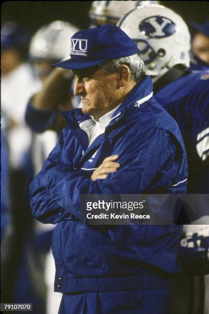 Head coach Lavell Edwards of the BYU Cougars watches from the sideline against the Penn State Nittany Lions in the 1986 Holiday Bowl at Jack Murphy...