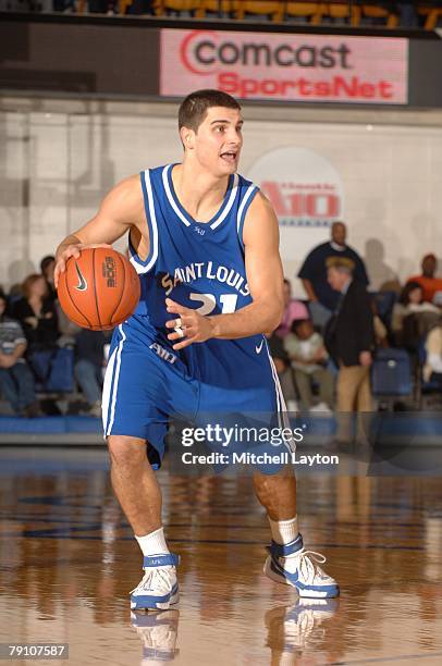 Kevin Lisch of the St. Louis Billikens dribbles the ball during a basketball game against the George Washington Colonials at Smith Center on January...