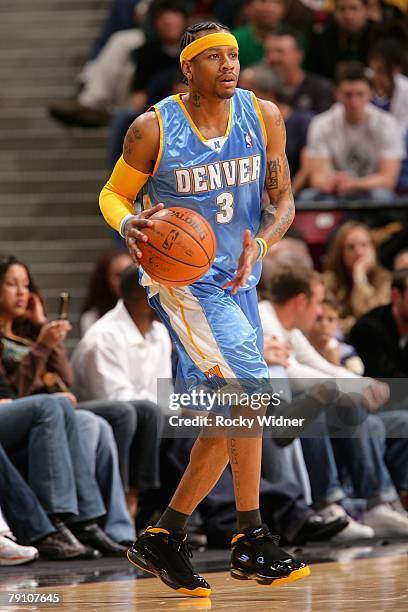 Allen Iverson of the Denver Nuggets looks to pass during the game against the Sacramento Kings on December 23, 2007 at Arco Arena in Sacramento,...