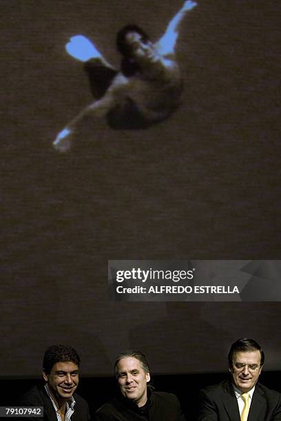 Canadian photographer Gregory Colbert speaks, accompained by Elias Ayub of Fundacion Telmex and Marcelo Ebrard Mexico City's mayor, during a press...