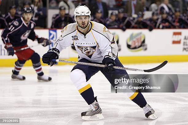 Alexander Radulov of the Nashville Predators skates during the NHL game against the Columbus Blue Jackets at the Nationwide Arena on January 12, 2008...