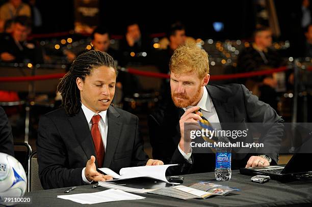 Alexi Lalas, president and general manager, and Cobi Jones, assistant coach of Los Angles Galaxy talk before the MLS Super Draft on January 18, 2008...