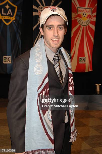 Ciaran O'Brien poses for a photo after being selected fifth by the Colorado Rapids in the MLS Super Draft on January 18, 2008 at the Baltimore...