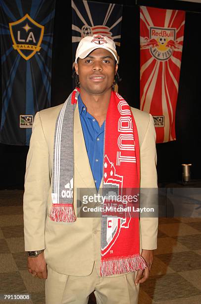 Julius James poses for photo after being selected 9th by Toronto FC in the MLS Super Draft on January 18, 2008 at the Baltimore Convention Center in...
