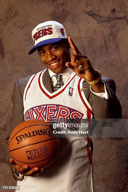 Allen Iverson poses for a portrait after being selected by the Philadelphia 76ers in the first round of the 1996 NBA Draft on June 26, 1996 at...