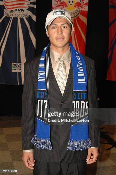 Roger Espinoza poses for photo after being selected 11th by Kansas City Wizards in the MLS Super Draft on January 18, 2008 at the Baltimore...