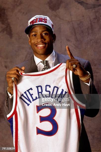 Allen Iverson poses for a portrait after being selected by the Philadelphia 76ers in the first round of the 1996 NBA Draft on June 26, 1996 at...