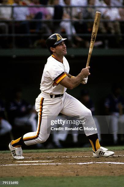 Steve Garvey of the San Diego Padres batting during Game 4 of the 1984 National League Championship Series against the Chicago Cubs on October 6,...