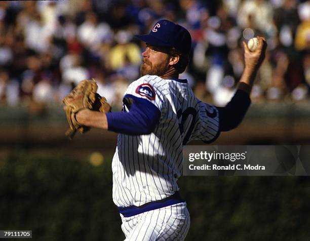 Rick Sutcliffe of the Chicago Cubs pitching during Game 1 of the 1984 National League Championship Series against the San Diego Padres on October 2,...