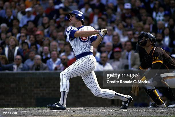 Ryne Sandberg of the Chicago Cubs batting during Game 2 of the 1984 National League Championship Series against the San Diego Padres on October 3,...