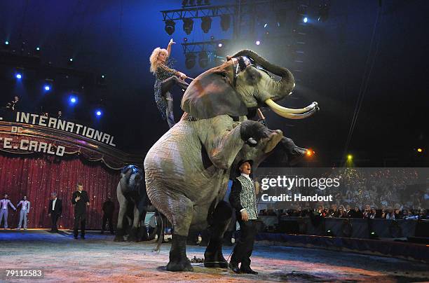 In this handout image provided by Monaco Palace, Rene Casselly performs during the second day of the 32nd International Circus Festival of Monte...