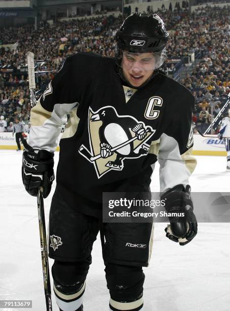 Sidney Crosby of the Pittsburgh Penguins reacts after a first period injury against the Tampa Bay Lightning on January 18, 2008 at Mellon Arena in...