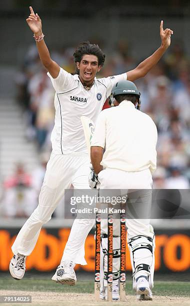 Ishant Sharma of India celebrates the wicket of Ricky Ponting of Australia during day four of the Third Test match between Australia and India at the...