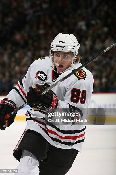 Patrick Kane of the Chicago Blackhawks skates against the Colorado Avalanche at the Pepsi Center on January 18, 2008 in Denver, Colorado. The...